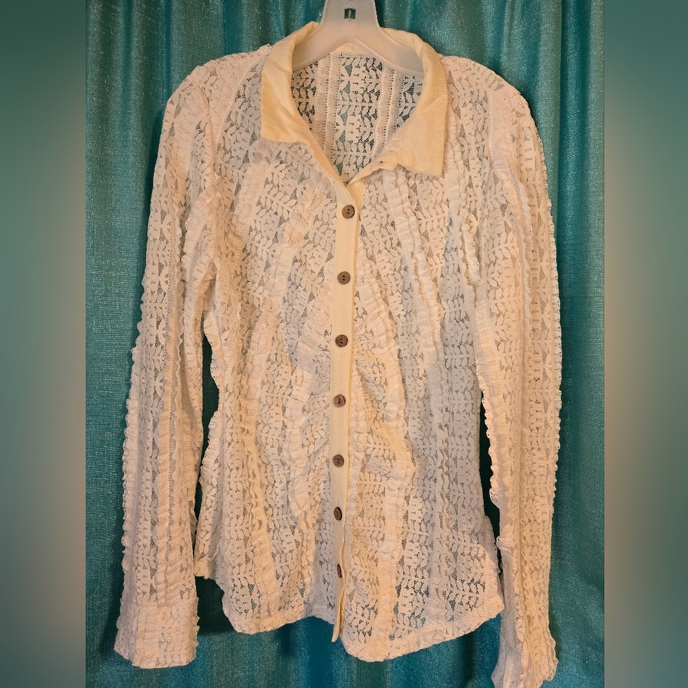 SHEIN Cream Lace Button Down Shirt
